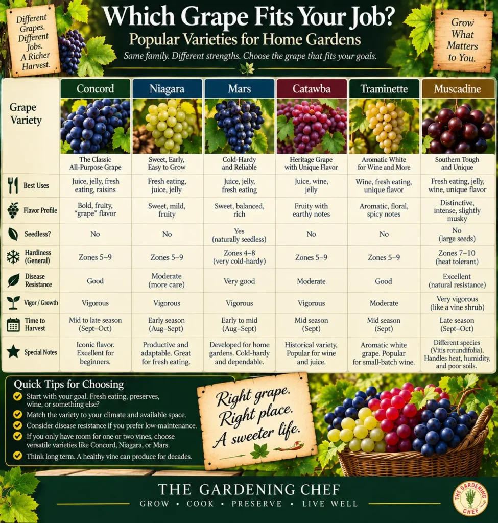 Which Grape Fits Your Job guide comparing popular grape varieties for fresh eating, seedless grapes, jelly, juice, wine and other uses to help gardeners choose grapes by their goals.