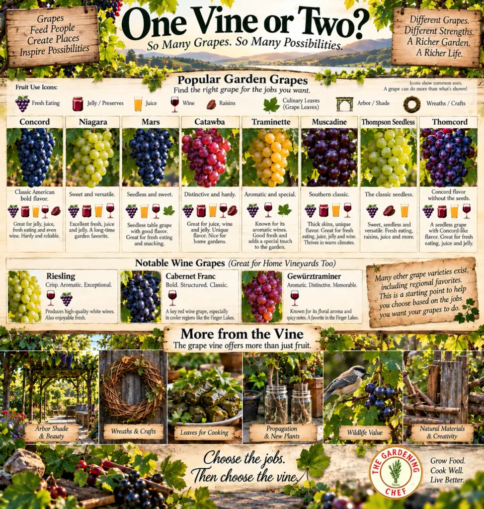 One Vine or Two infographic comparing popular grape varieties for fresh eating, jelly, juice, wine, raisins, grape leaves, arbor shade, wreaths and other vine uses.