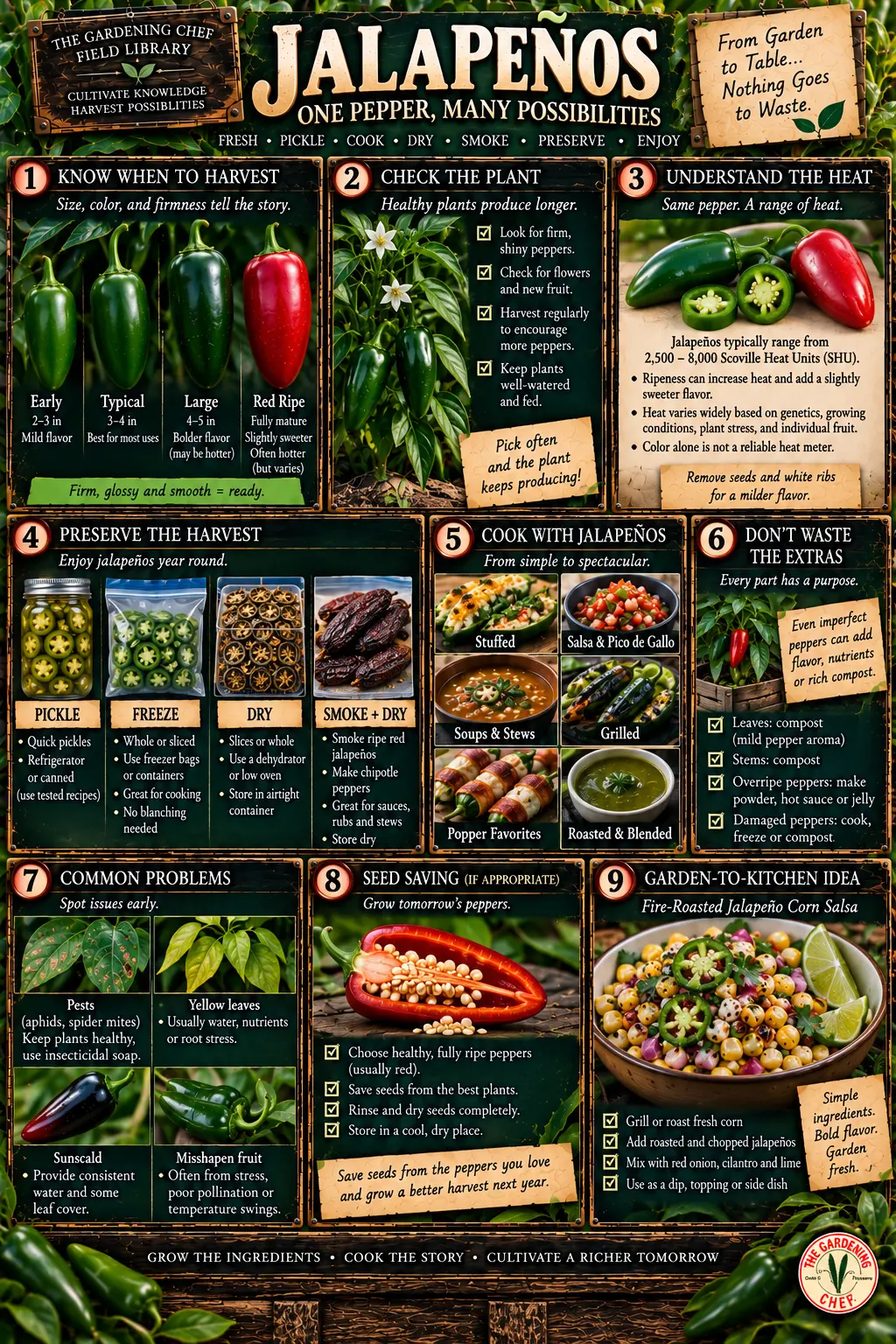 Jalapeño field guide showing harvest stages, heat variation, pickling, freezing, drying, smoking into chipotle, seed saving and garden-to-kitchen uses.