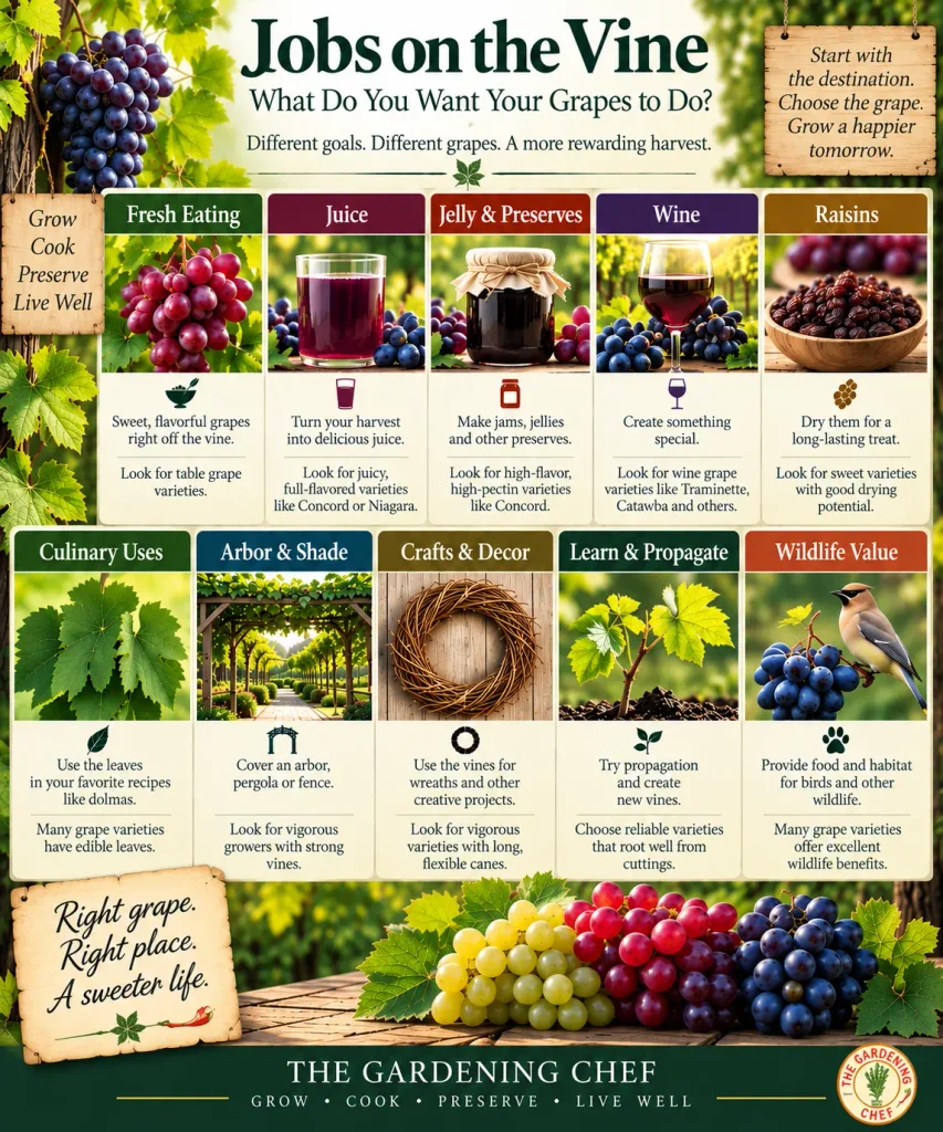 Jobs on the Vine infographic showing how to choose grape varieties for fresh eating, juice, jelly, wine, raisins, culinary leaves, arbors, crafts, propagation and wildlife.
