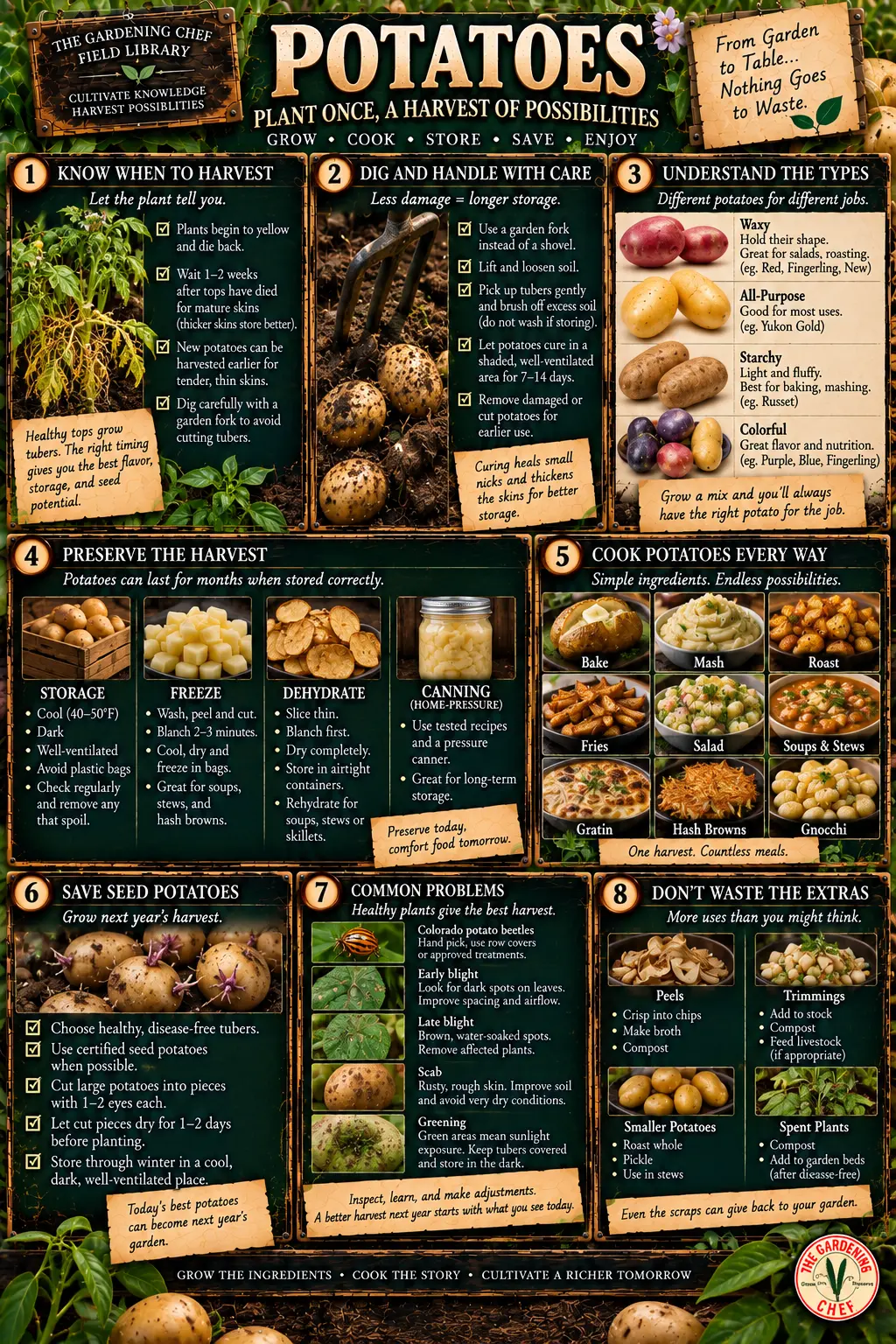 Potato field guide showing harvest readiness, skin maturity, curing, storage, freezing, cooking uses, seed potatoes and common growing problems.