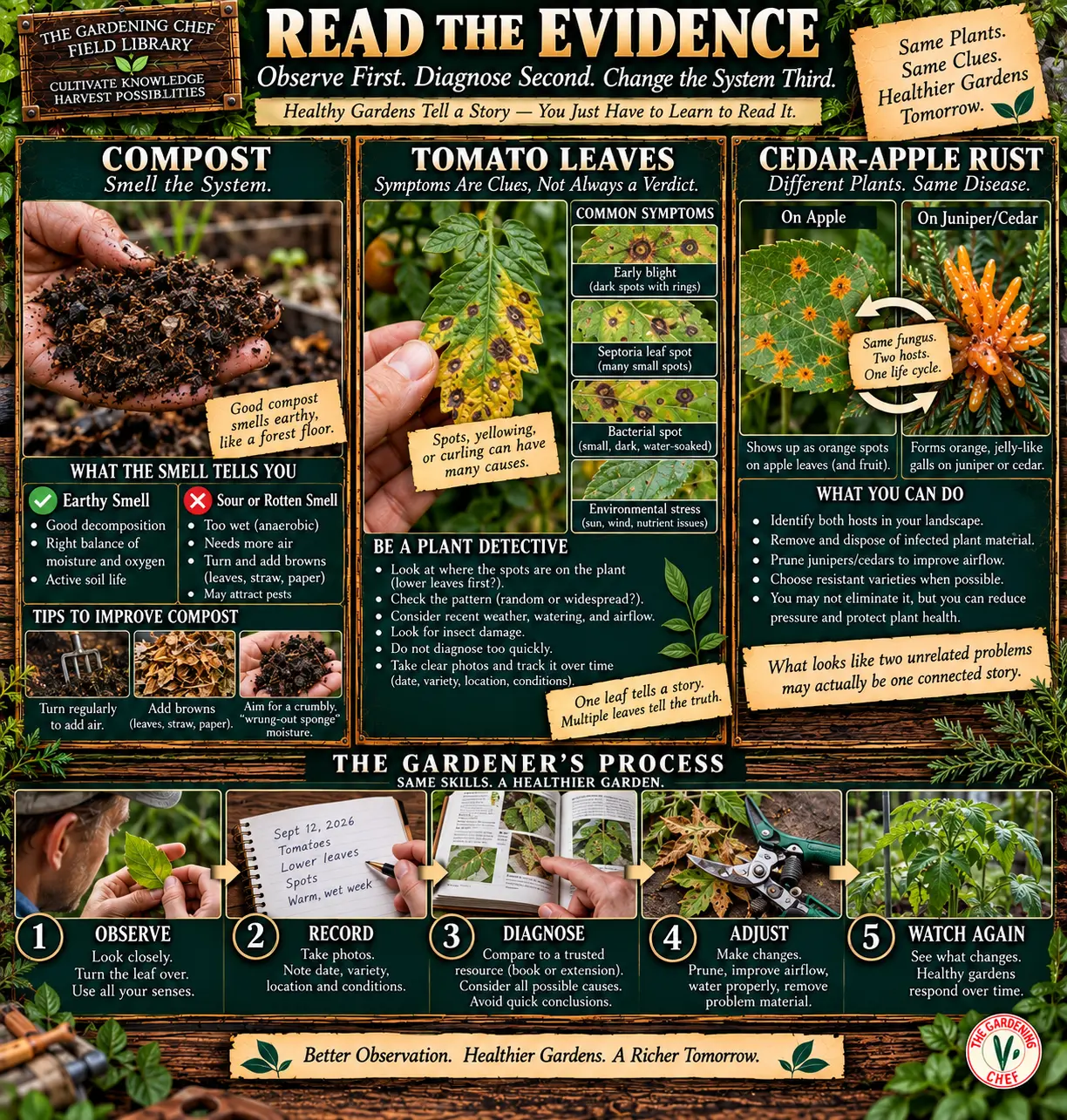 Garden diagnosis field guide showing compost clues, tomato leaf symptoms, cedar-apple rust and a five-step process to observe, record, diagnose, adjust and watch again.