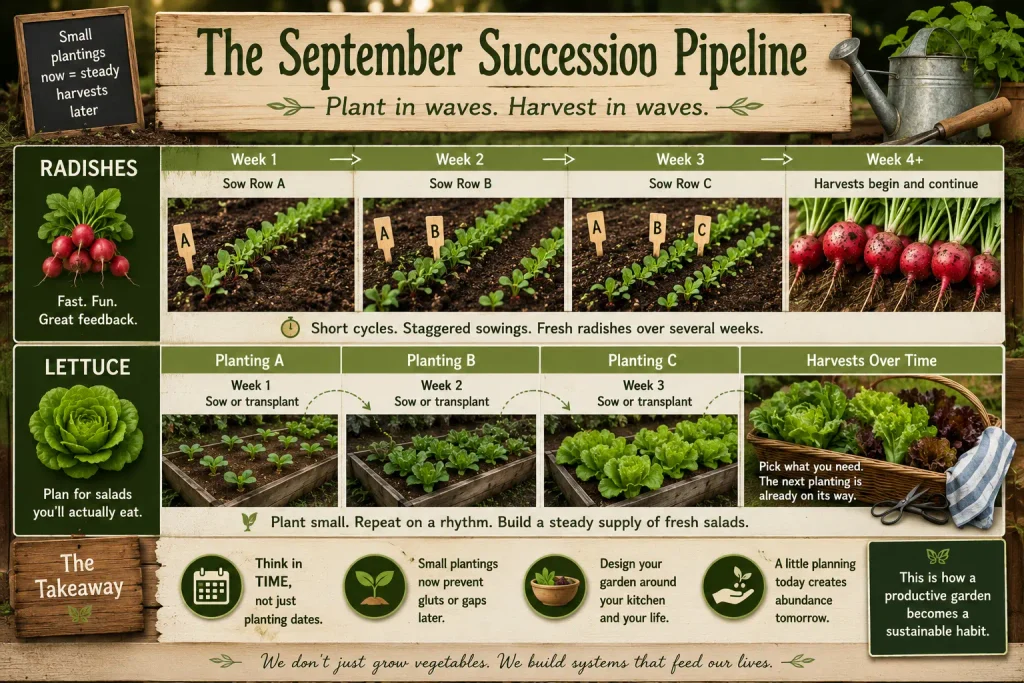 September succession planting infographic showing staggered radish and lettuce plantings from Week 1 through later harvests.