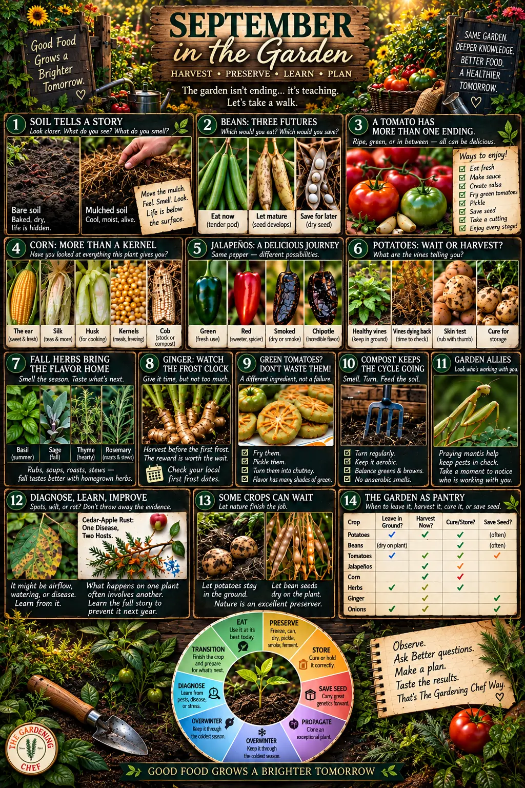 Garden guide to vegetables to harvest in September, with choices for eating, preserving, storing, seed saving, propagation and plant health.