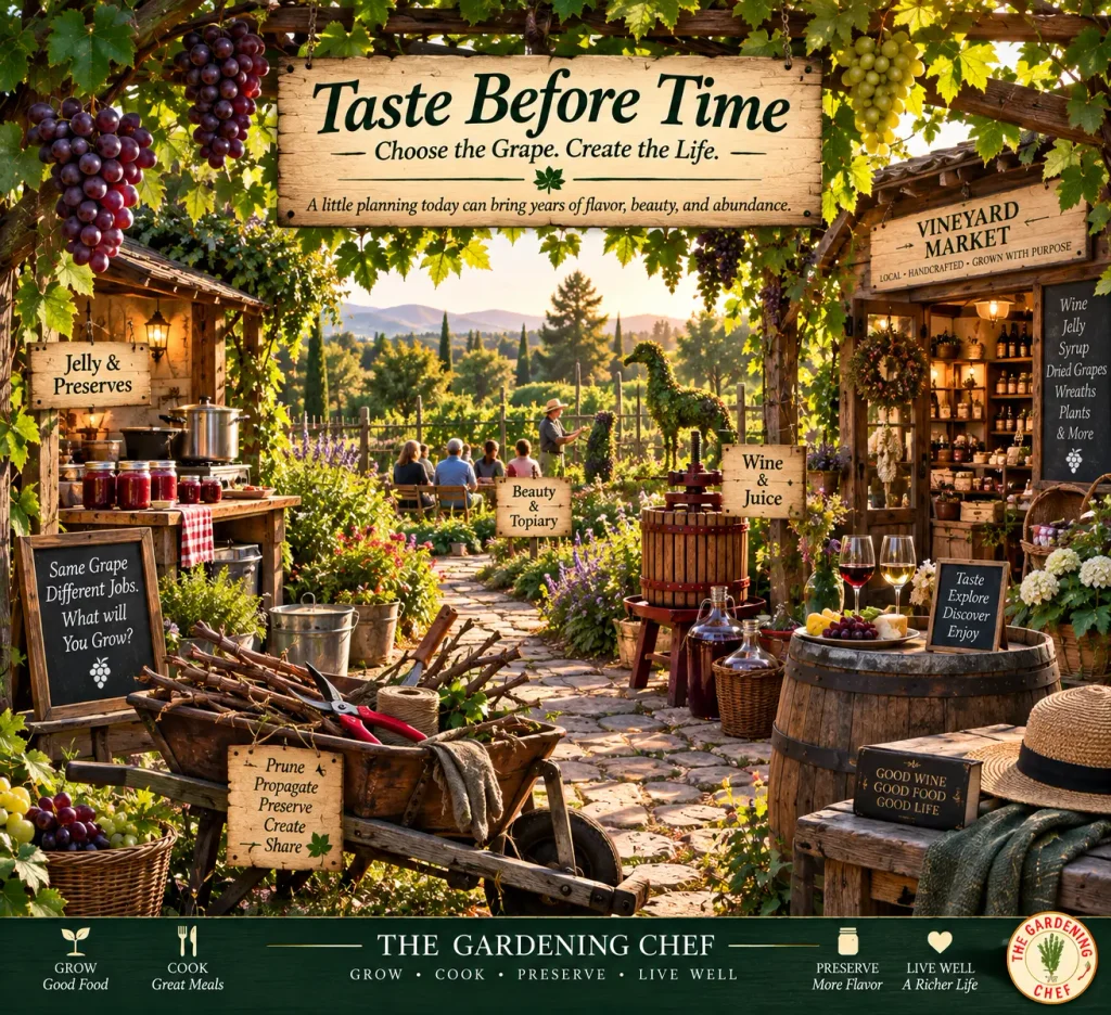 Taste Before Time vineyard scene showing grape jelly making, wine and juice production, propagation, grapevine crafts, topiary, tastings and a small vineyard market to help gardeners choose grape varieties by their intended use.