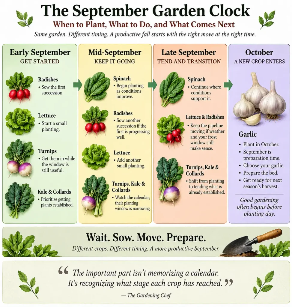 September fall planting timeline showing when to sow radishes, lettuce, spinach, turnips, kale and collards, with garlic preparation leading into October.