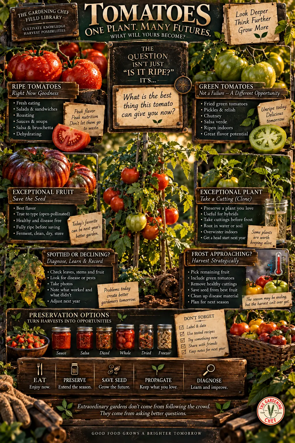Tomato field guide for vegetables to harvest in September, showing ripe and green fruit, preservation, seed saving, cuttings, disease clues and frost decisions.