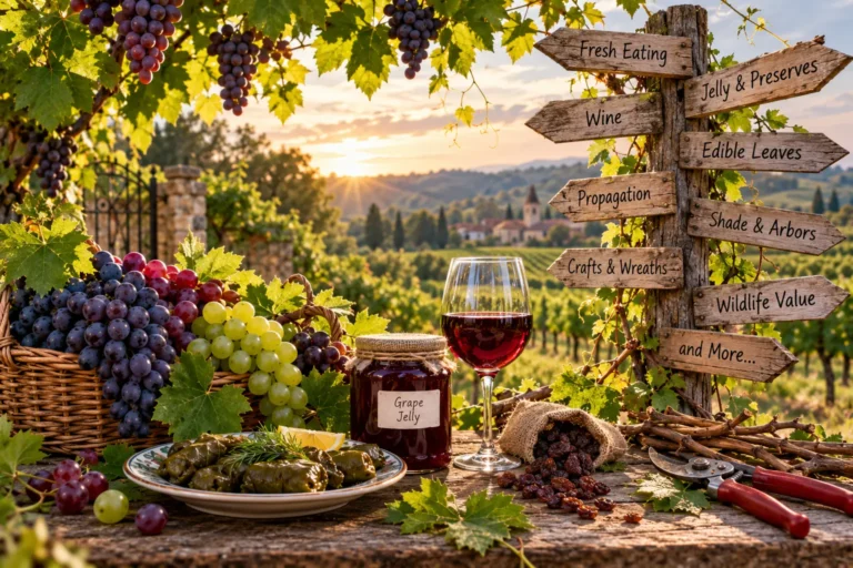 Vineyard scene with fresh grapes, grape jelly, wine, stuffed grape leaves, raisins, pruning tools and a rustic signpost pointing toward different grapevine uses.