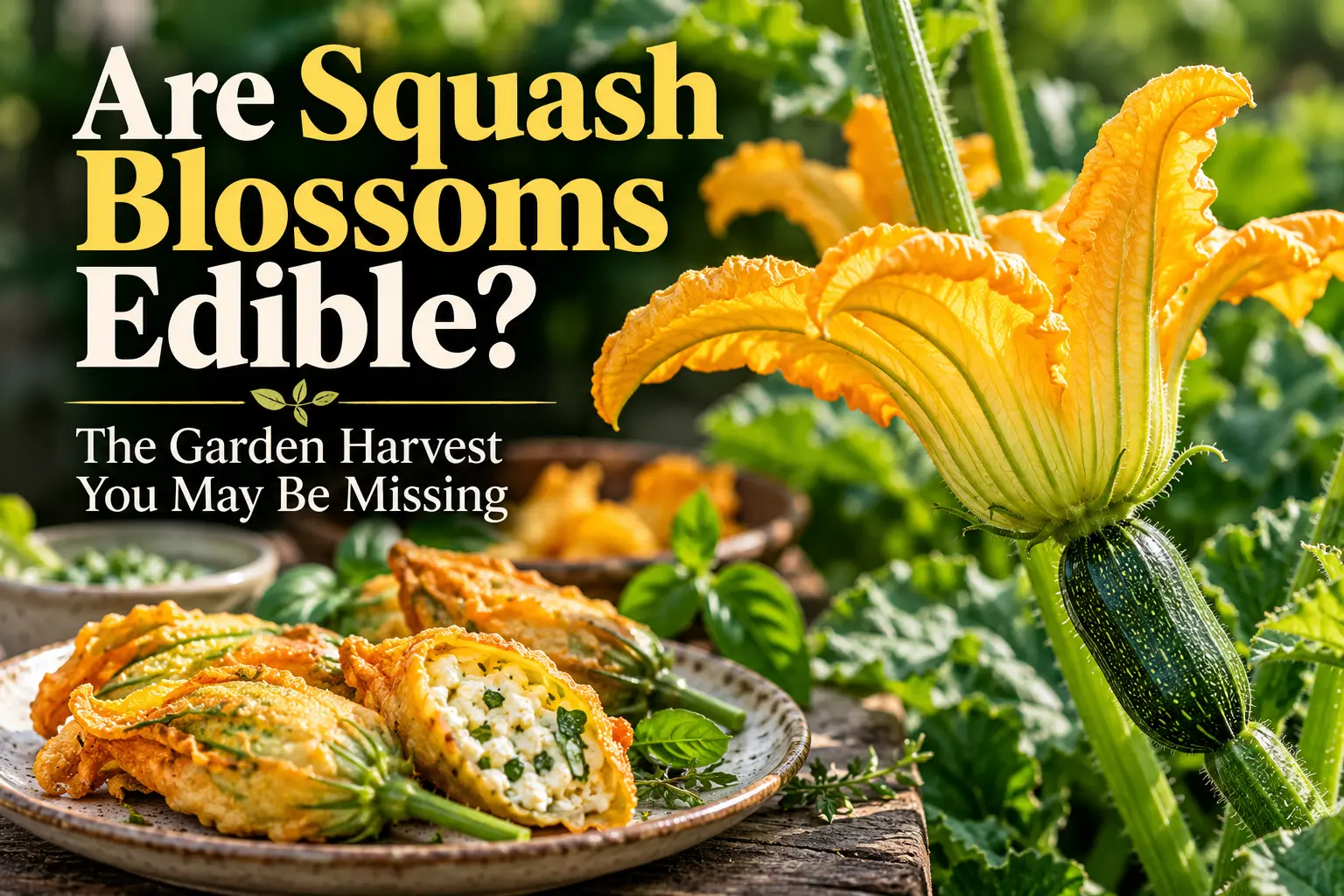 Squash blossom growing above a young zucchini beside a plate of stuffed fried squash blossoms, showing that squash flowers are edible.