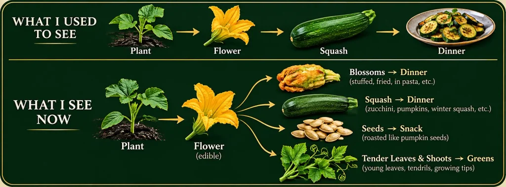 Infographic showing how one squash plant can provide edible blossoms, squash, seeds, and tender leaves and shoots instead of only producing squash for dinner.