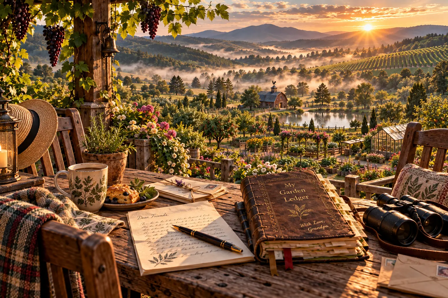 A handwritten garden letter and worn “My Garden Ledger” journal overlooking a misty valley of vineyards, orchards, gardens, greenhouse, pond, and barn at sunrise