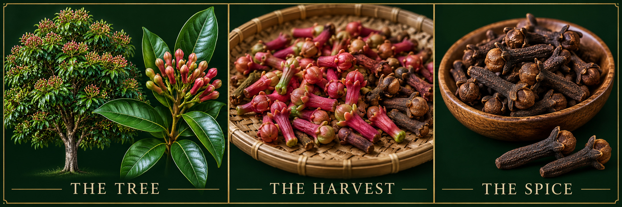 Clove tree, freshly harvested flower buds drying, and dried whole cloves