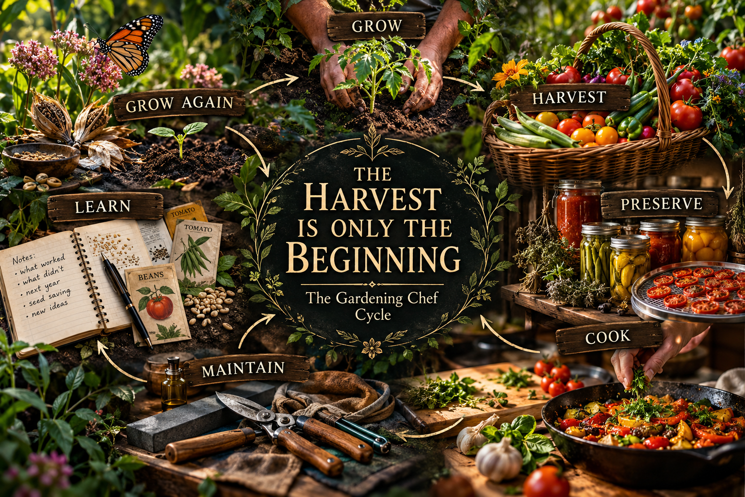 The Gardening Chef cycle showing grow, harvest, preserve, cook, maintain, learn, and grow again.