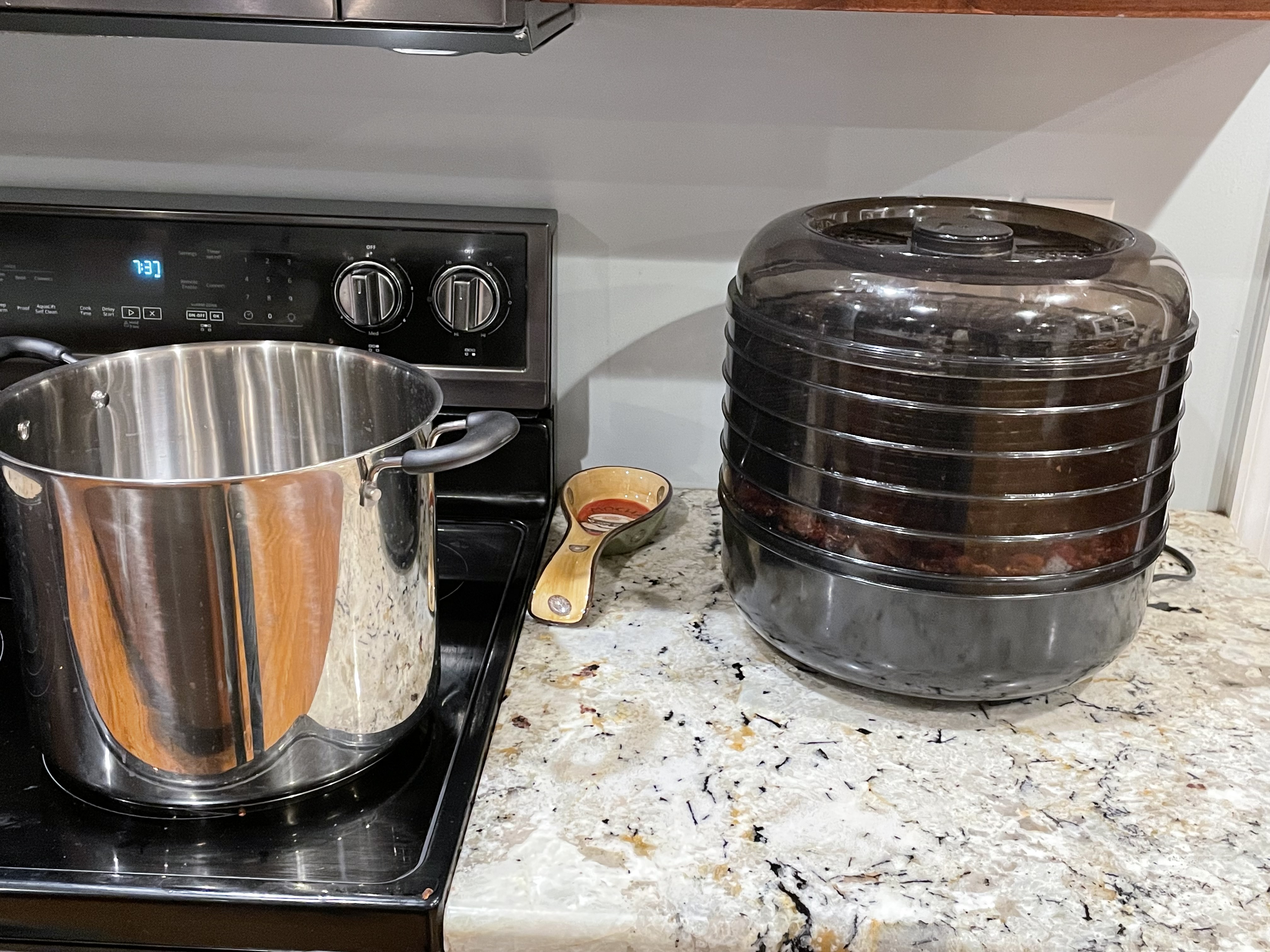 Round stacked-tray Ronco food dehydrator on the kitchen counter beside a large stockpot.